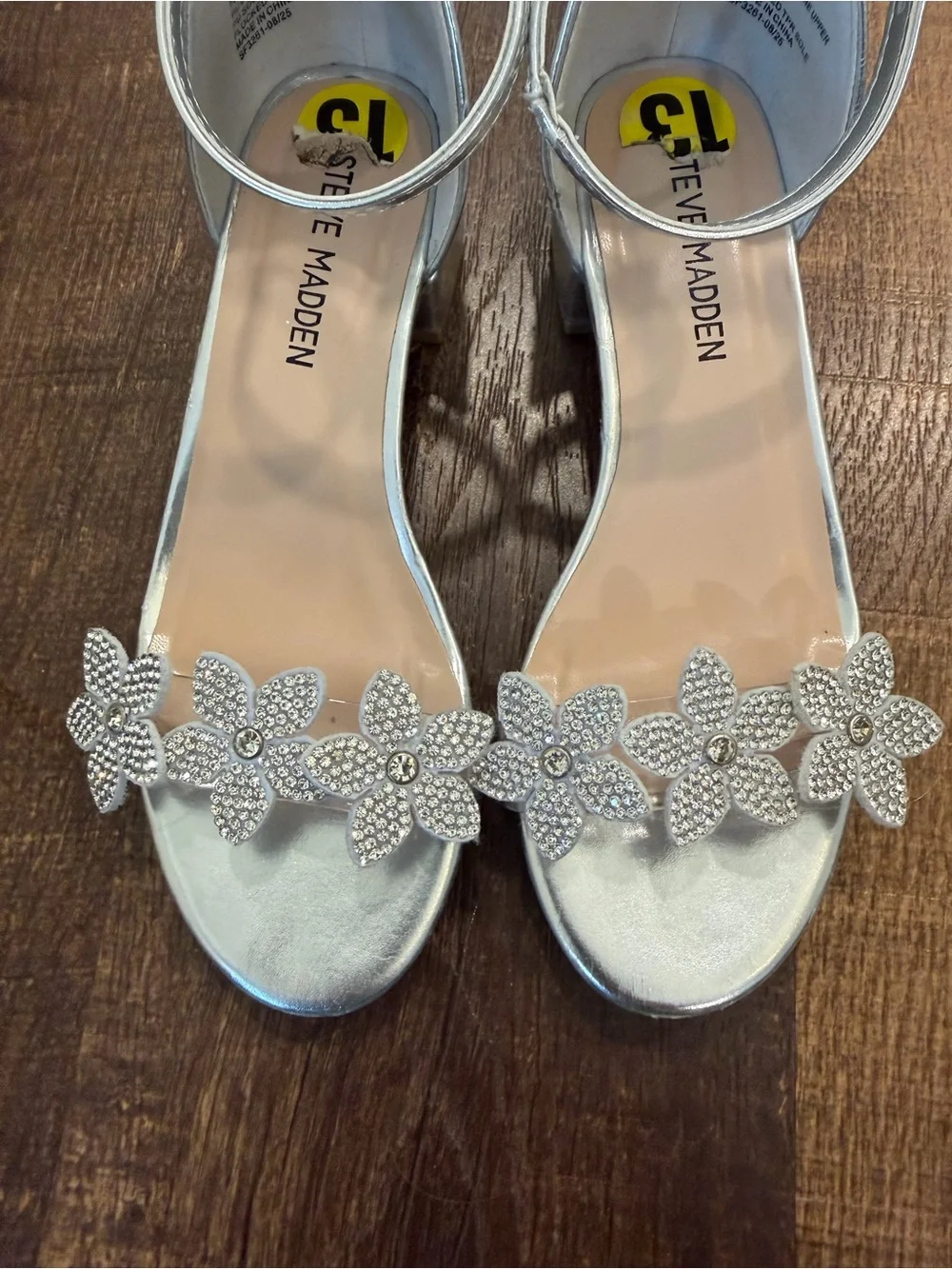 Steve Madden Silver Floral Ankle-Strap Sandals with Rhinestone Flowers